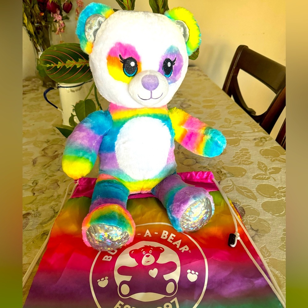 Build A Bear Rainbow Panda Plush 17" Sparkle Silver Feet Stuffed Animal